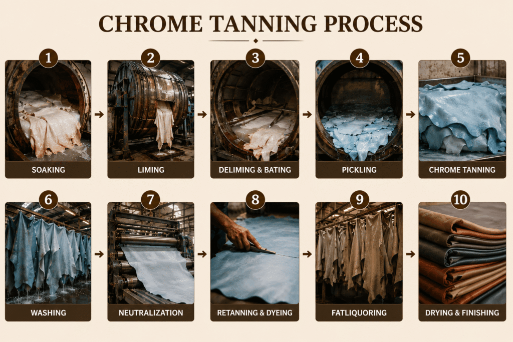 Step by step process on how chrome tanning is done at our leather manufacturing facility