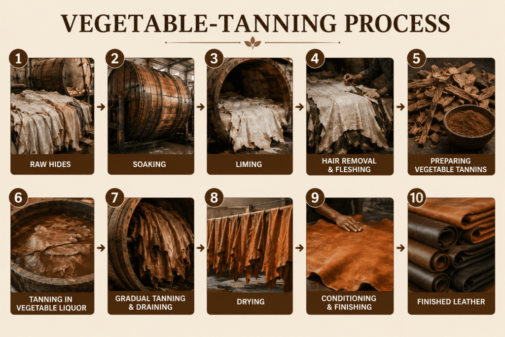 Step by step process on how vegetable tanning is done at our leather facility